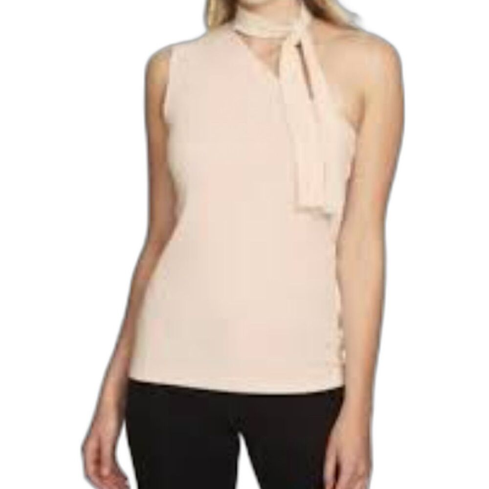 1 State Shadow One Shoulder Top Ribbed Mock Neck Tie Pink Knit Size Small